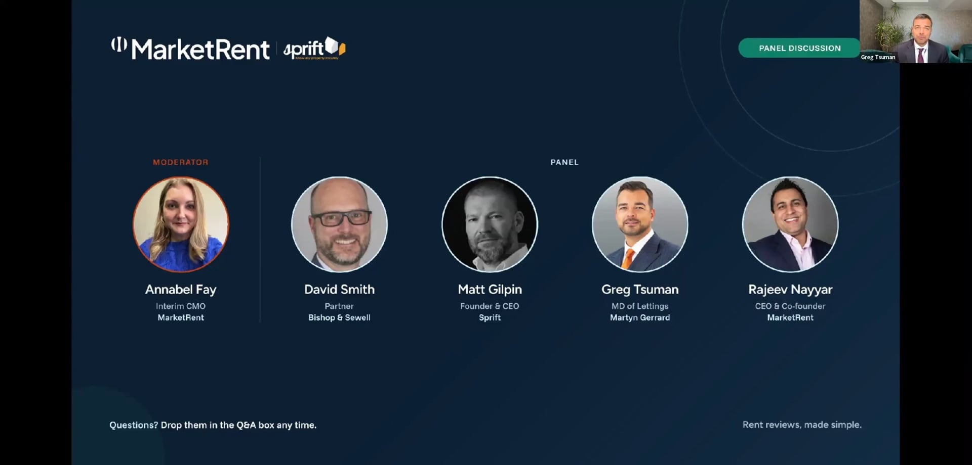 Panel slide from the recording: Annabel Fay of MarketRent moderating, with David Smith of Bishop and Sewell, Matt Gilpin of Sprift, Greg Tsuman of Martyn Gerrard and Rajeev Nayyar of MarketRent.